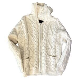 Otavalo Handmade Ecuador Wool Cable Knit Zip Hoodie Sweater Cream Size L